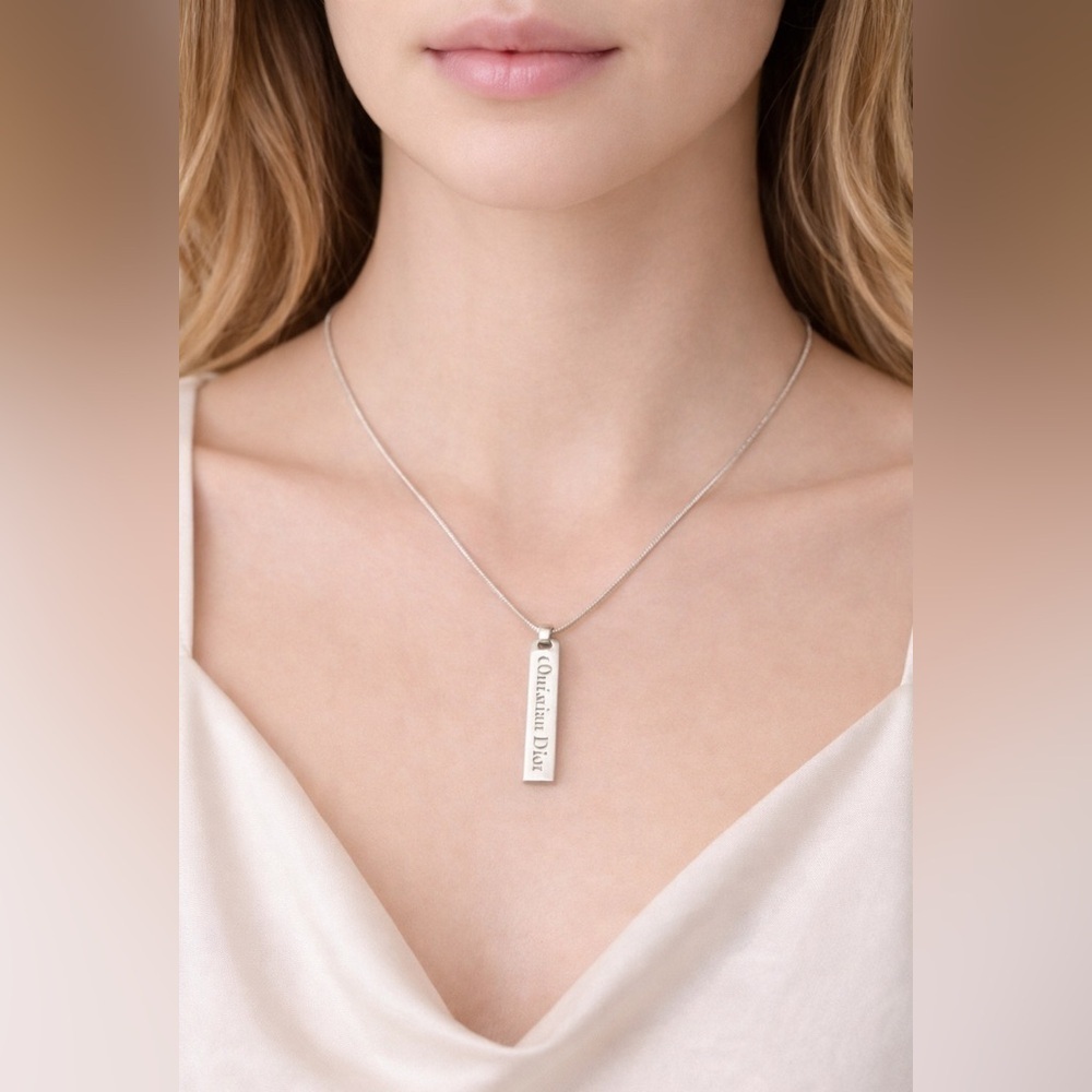 Christian Dior Silver Logo Plate Necklace